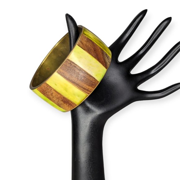 Vintage Wood Inlay Bangle Bracelet w/ Lime Green Accents - Picture 1 of 8